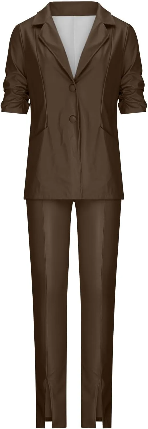 Women's 2 Piece Casual Outfits PU Leather Blazer Jackets High Waisted Split Pants Slim Work Pants Business Suit Set
