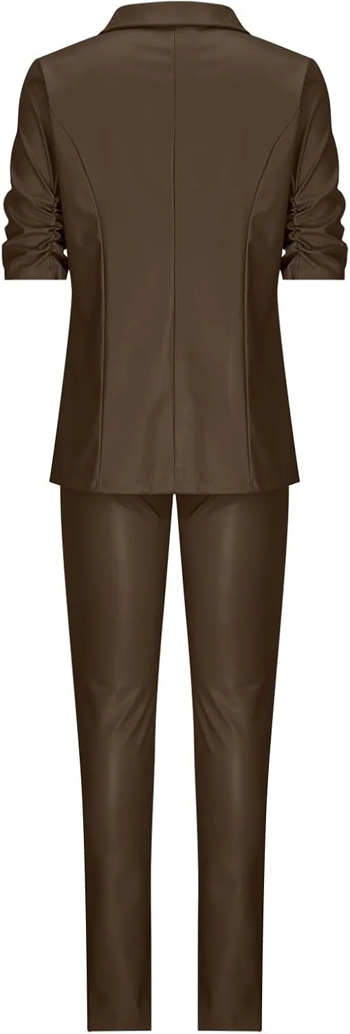 Women's 2 Piece Casual Outfits PU Leather Blazer Jackets High Waisted Split Pants Slim Work Pants Business Suit Set