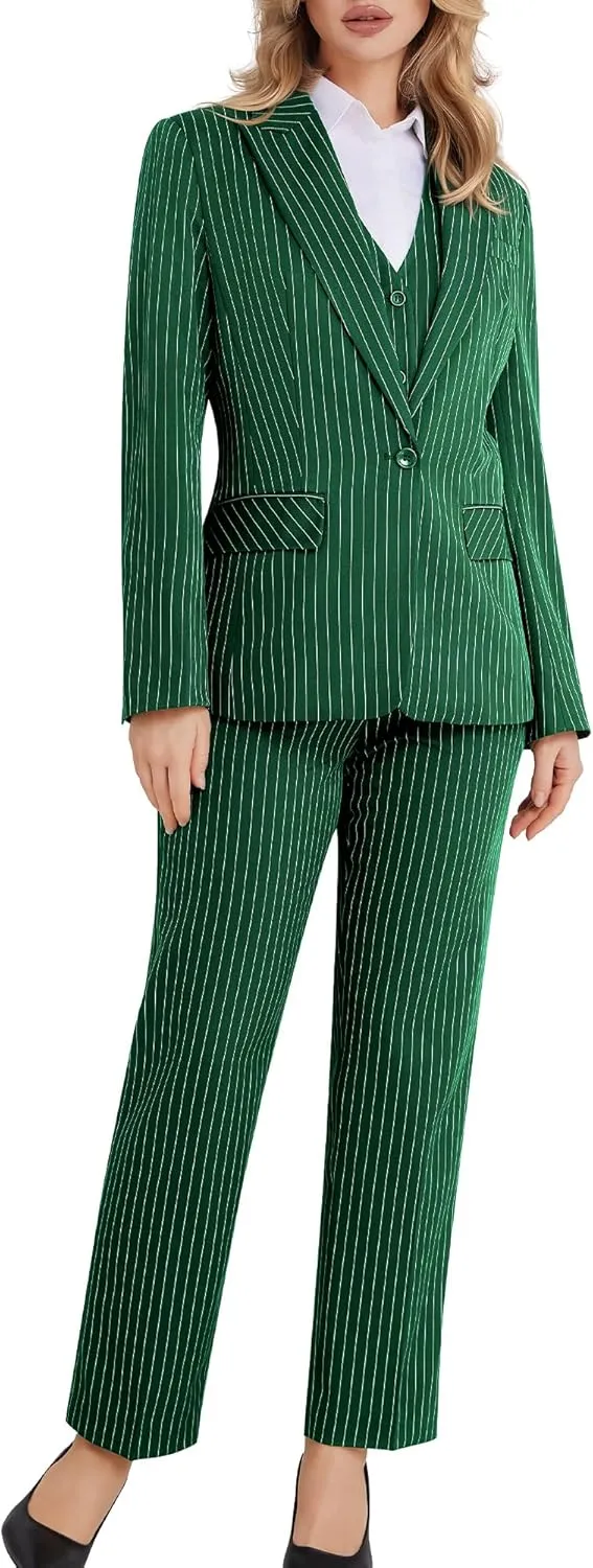 Women's 3 Piece Striped Suit One Button Slim Fit Business Work Professional Blazer Jacket Vest Pants Set