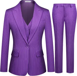 Women's 3 Piece Striped Suit One Button Slim Fit Business Work Professional Blazer Jacket Vest Pants Set