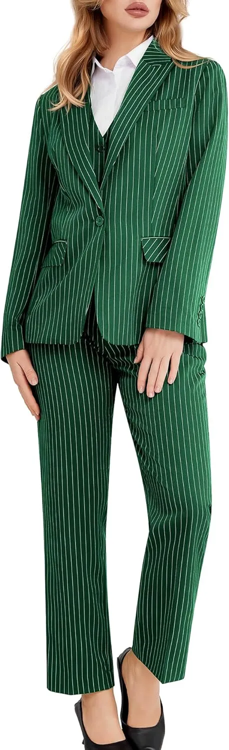 Women's 3 Piece Striped Suit One Button Slim Fit Business Work Professional Blazer Jacket Vest Pants Set