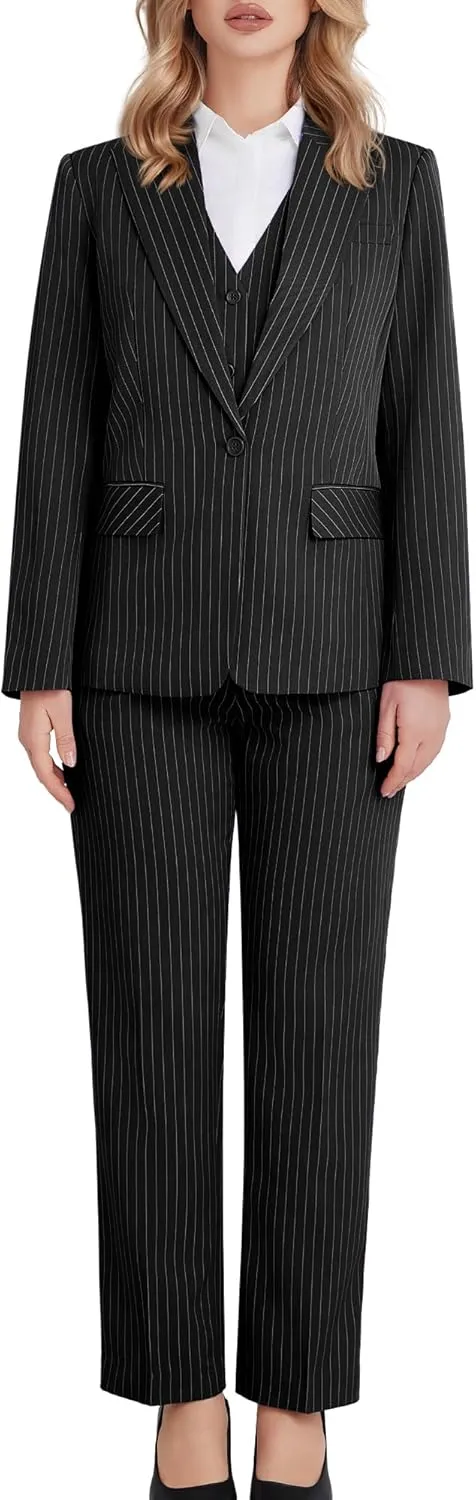 Women's 3 Piece Striped Suit One Button Slim Fit Business Work Professional Blazer Jacket Vest Pants Set