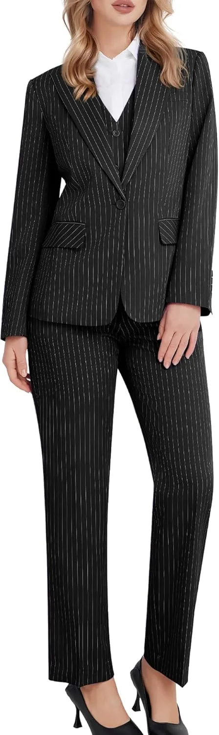 Women's 3 Piece Striped Suit One Button Slim Fit Business Work Professional Blazer Jacket Vest Pants Set