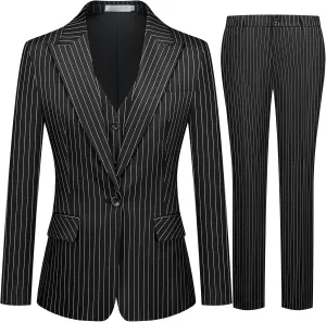 Women's 3 Piece Striped Suit One Button Slim Fit Business Work Professional Blazer Jacket Vest Pants Set