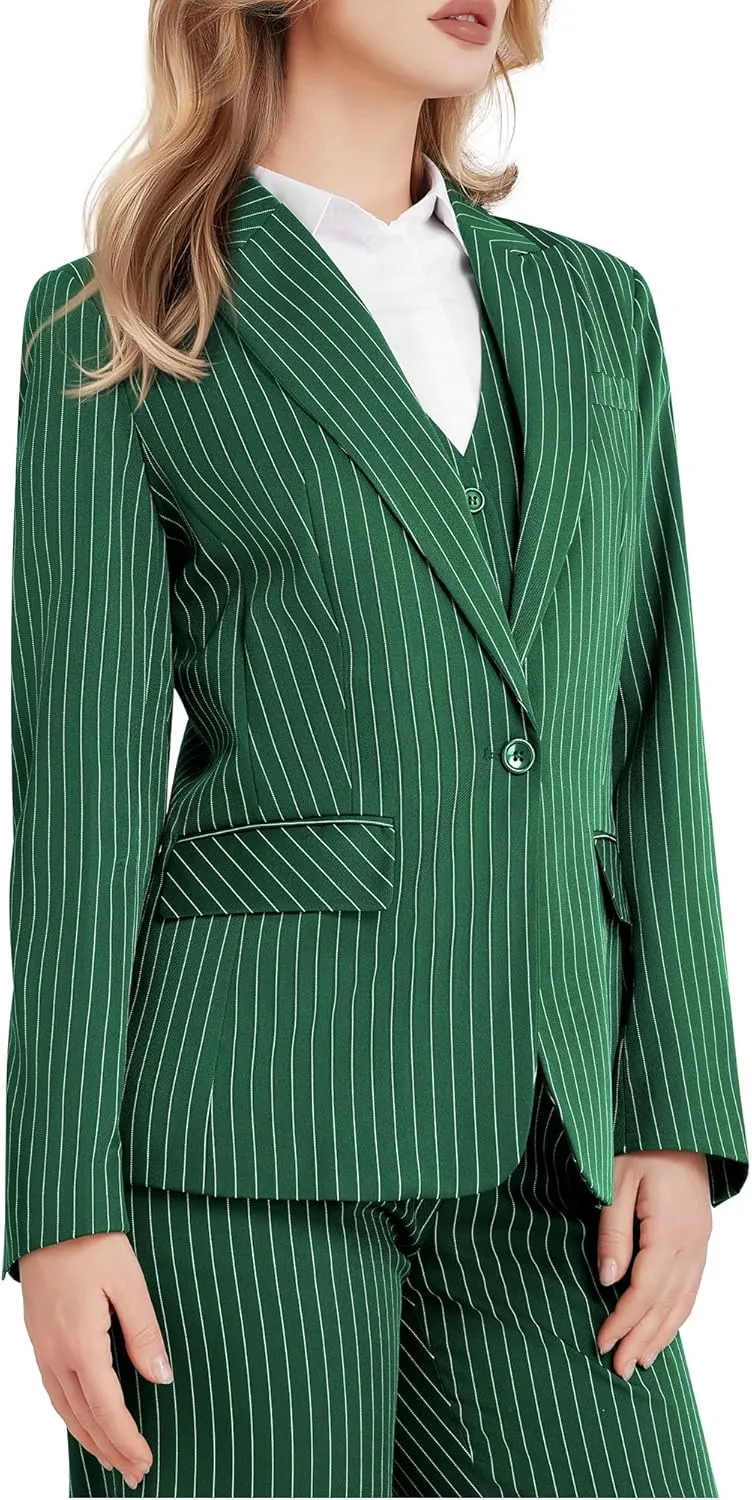 Women's 3 Piece Striped Suit One Button Slim Fit Business Work Professional Blazer Jacket Vest Pants Set