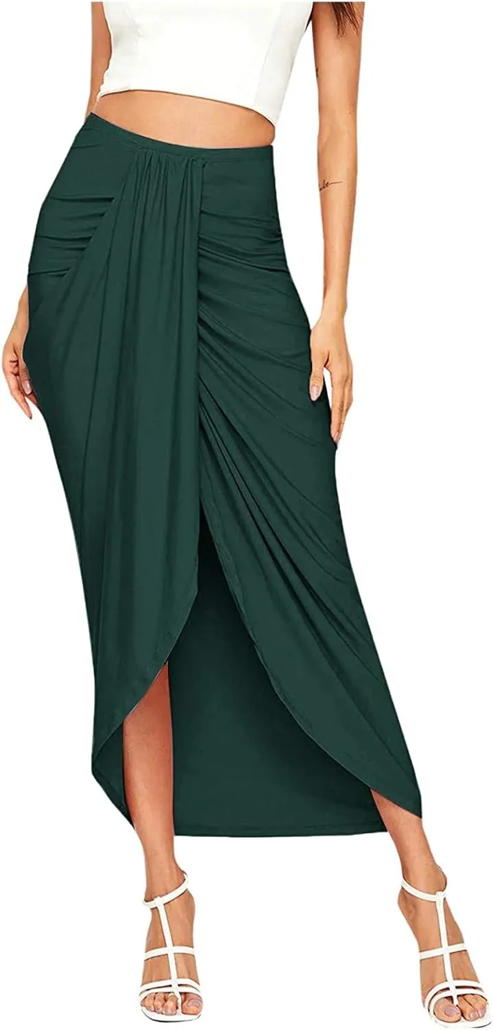 Womens Asymmetrical Solid Split Wrap High Low Casual Pleated Maxi Skirt Holiday Skirt High Rise Summer Skirt 2023