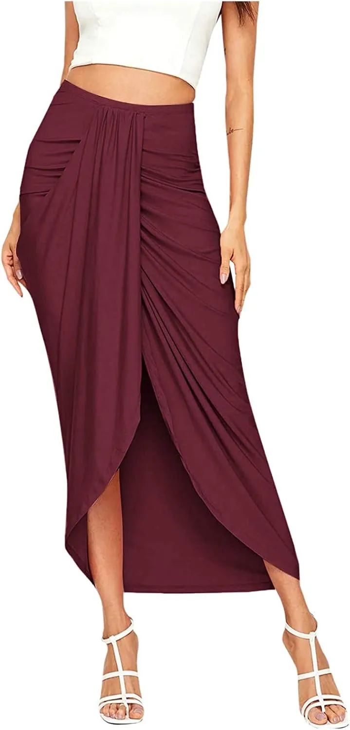 Womens Asymmetrical Solid Split Wrap High Low Casual Pleated Maxi Skirt Holiday Skirt High Rise Summer Skirt 2023