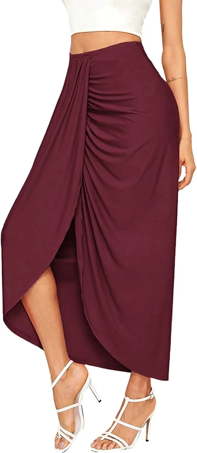 Womens Asymmetrical Solid Split Wrap High Low Casual Pleated Maxi Skirt Holiday Skirt High Rise Summer Skirt 2023