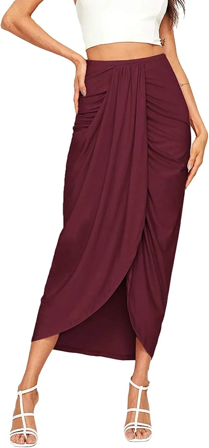 Womens Asymmetrical Solid Split Wrap High Low Casual Pleated Maxi Skirt Holiday Skirt High Rise Summer Skirt 2023