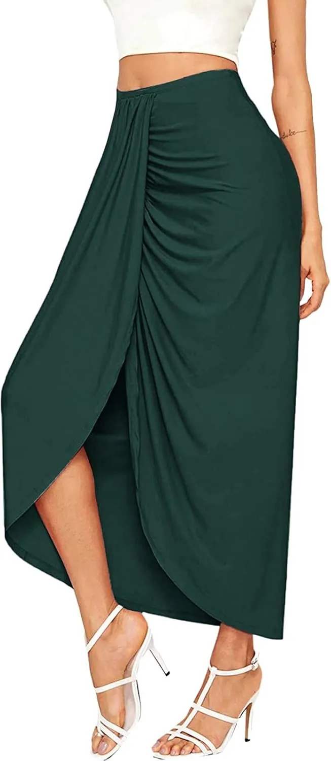 Womens Asymmetrical Solid Split Wrap High Low Casual Pleated Maxi Skirt Holiday Skirt High Rise Summer Skirt 2023
