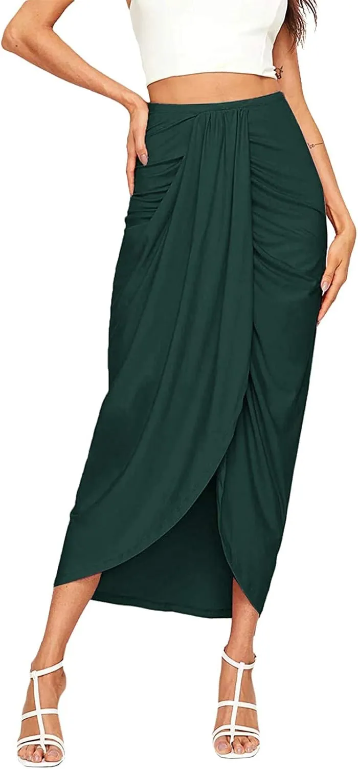 Womens Asymmetrical Solid Split Wrap High Low Casual Pleated Maxi Skirt Holiday Skirt High Rise Summer Skirt 2023