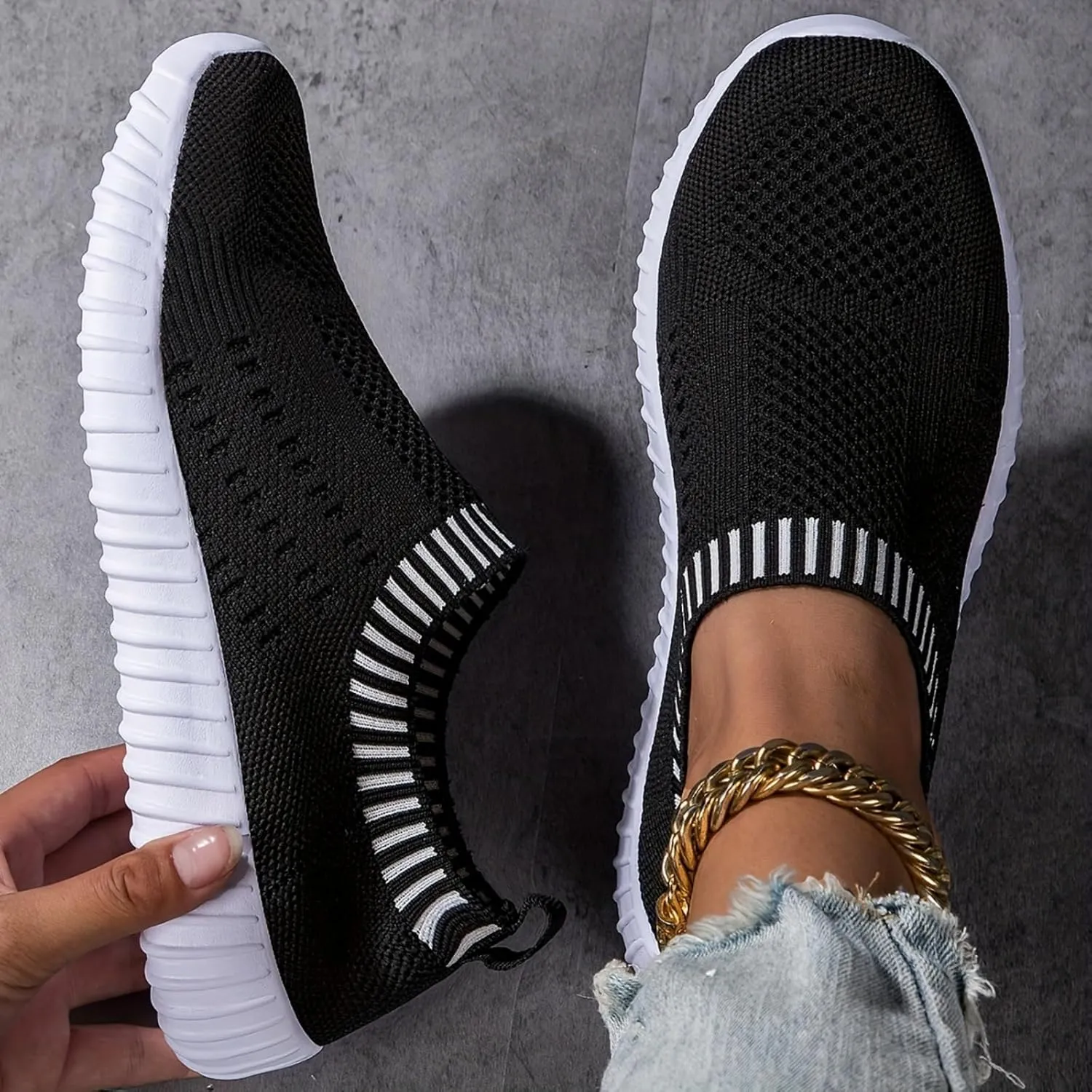 Women's Athletic Walking Shoes Slip On Casual Mesh Comfortable Tennis Workout Sneakers Shoes Sneakers Running Laceless Breathable Lightweight Mesh Knit Sock Glitter Rhinestone Jazz Latin Dance