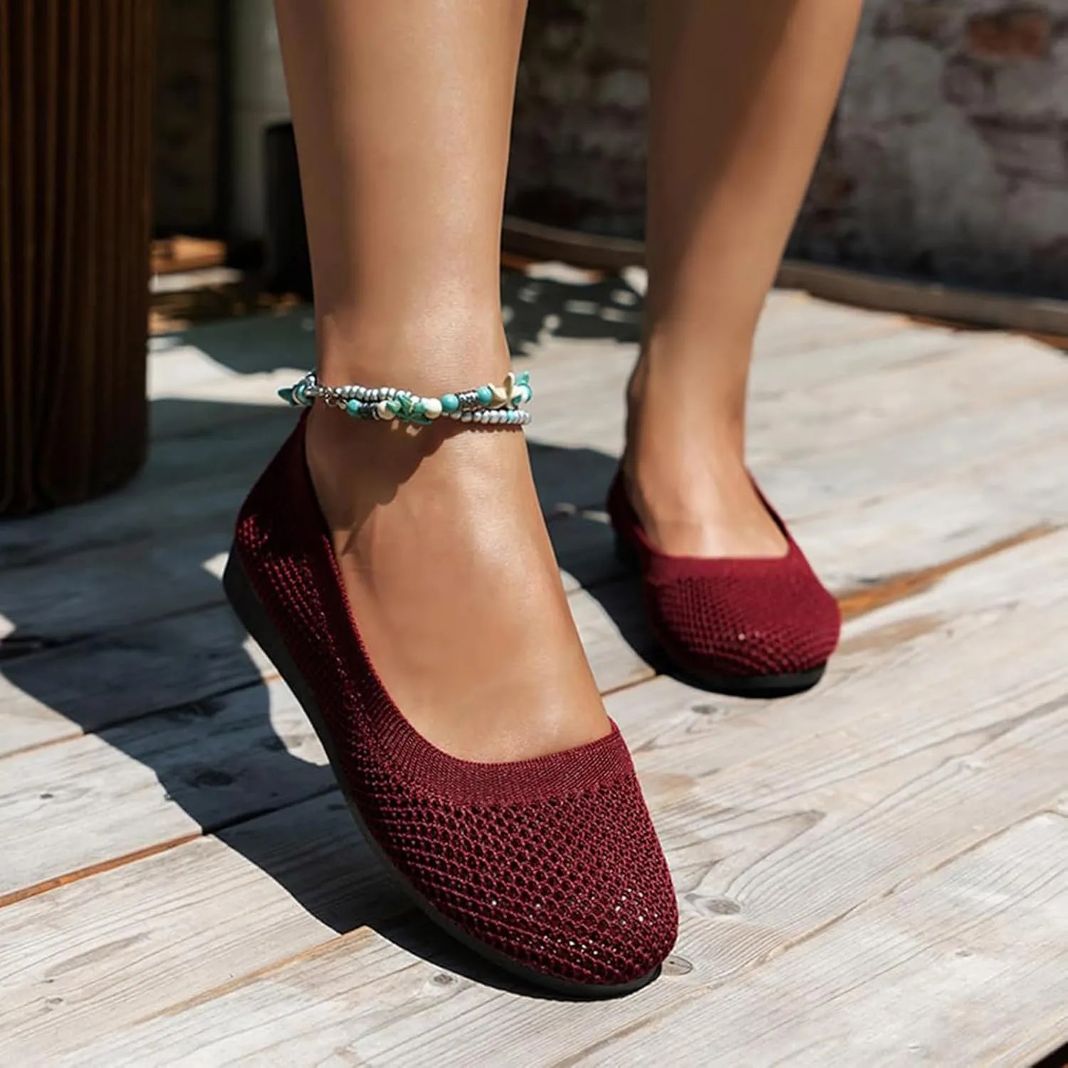 Womens Ballet Flat Shoes Knit Dress Round Toe Slip On Breathable Classic Hollowed Out Walking Comfortable Casual Soft Shoes