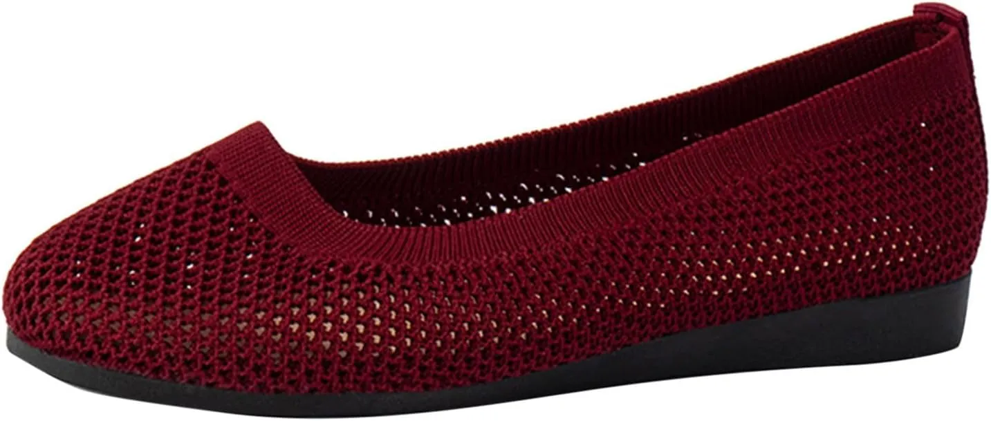 Womens Ballet Flat Shoes Knit Dress Round Toe Slip On Breathable Classic Hollowed Out Walking Comfortable Casual Soft Shoes