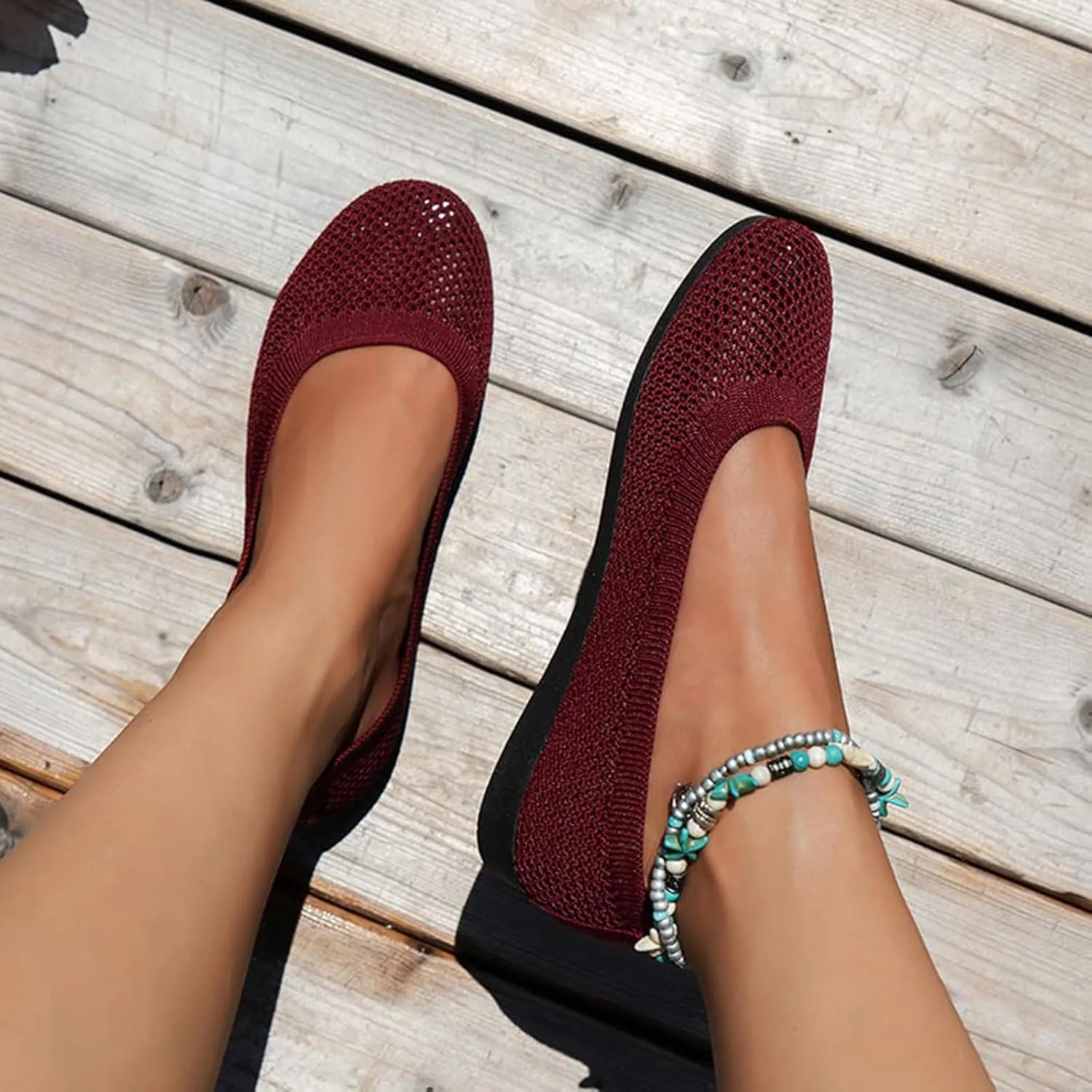 Womens Ballet Flat Shoes Knit Dress Round Toe Slip On Breathable Classic Hollowed Out Walking Comfortable Casual Soft Shoes