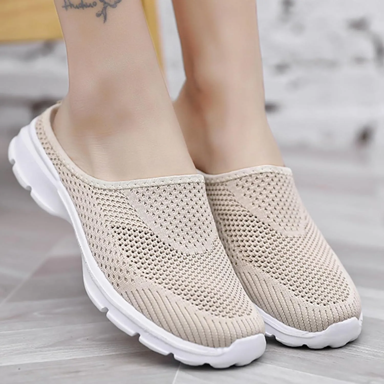 Womens Breathable Mesh Walking Mules Sneakers Open Back Slip On Shoes Knit Flats Lightweight Comfortable Backless Slip-on Mule Slippers Casual House Comfort Indoor Outdoor Anti-Skid Sole Clog