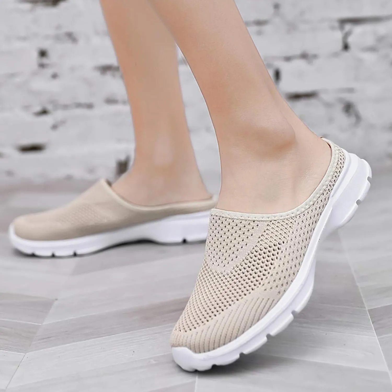 Womens Breathable Mesh Walking Mules Sneakers Open Back Slip On Shoes Knit Flats Lightweight Comfortable Backless Slip-on Mule Slippers Casual House Comfort Indoor Outdoor Anti-Skid Sole Clog