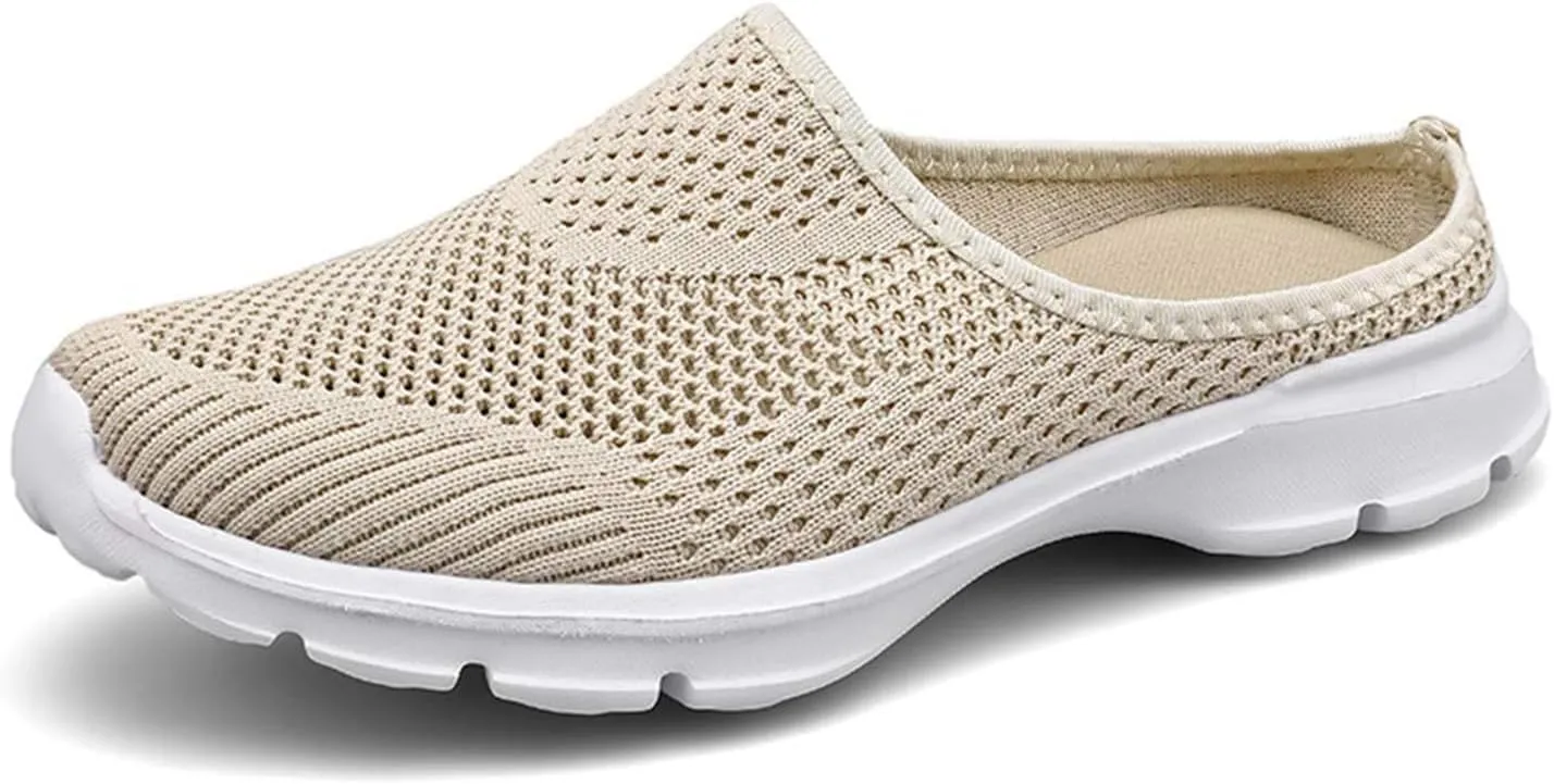 Womens Breathable Mesh Walking Mules Sneakers Open Back Slip On Shoes Knit Flats Lightweight Comfortable Backless Slip-on Mule Slippers Casual House Comfort Indoor Outdoor Anti-Skid Sole Clog