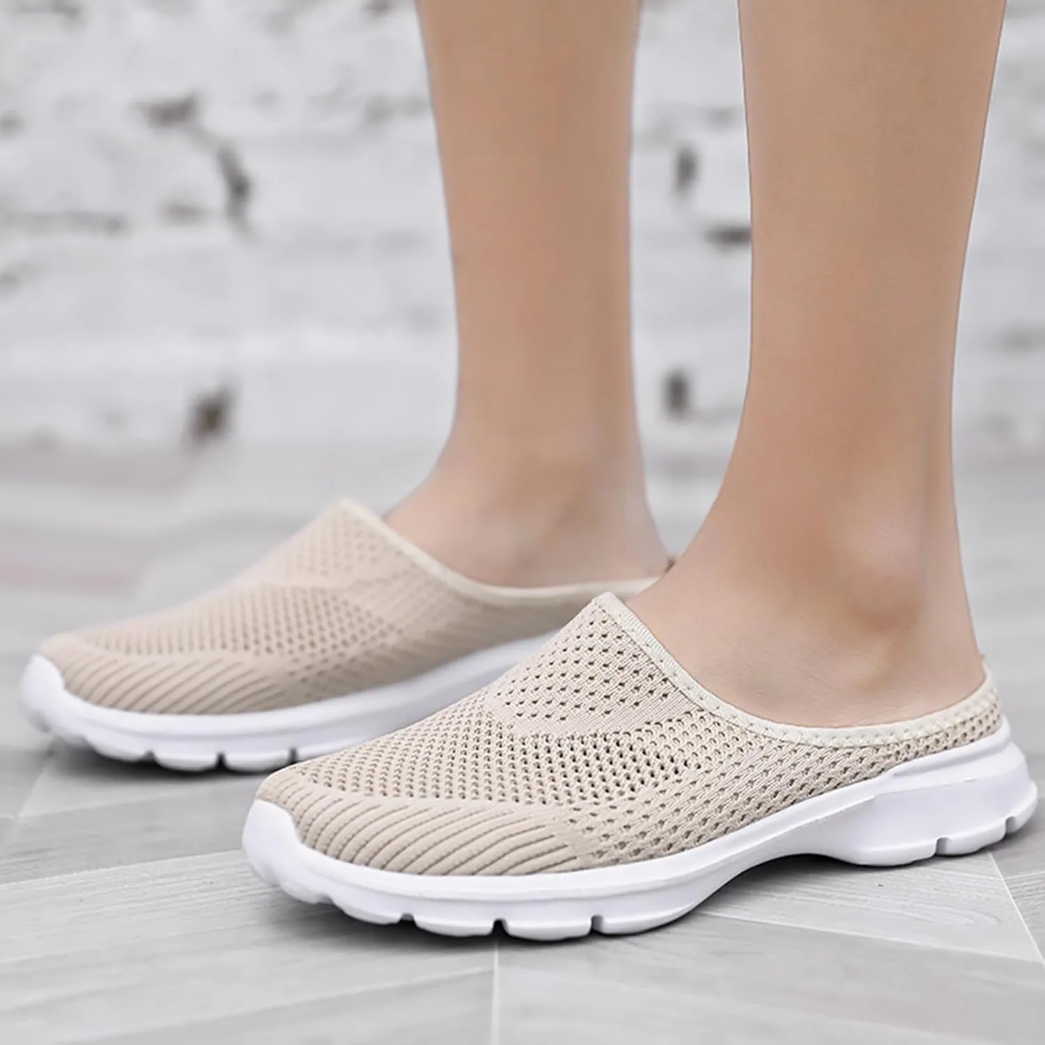 Womens Breathable Mesh Walking Mules Sneakers Open Back Slip On Shoes Knit Flats Lightweight Comfortable Backless Slip-on Mule Slippers Casual House Comfort Indoor Outdoor Anti-Skid Sole Clog