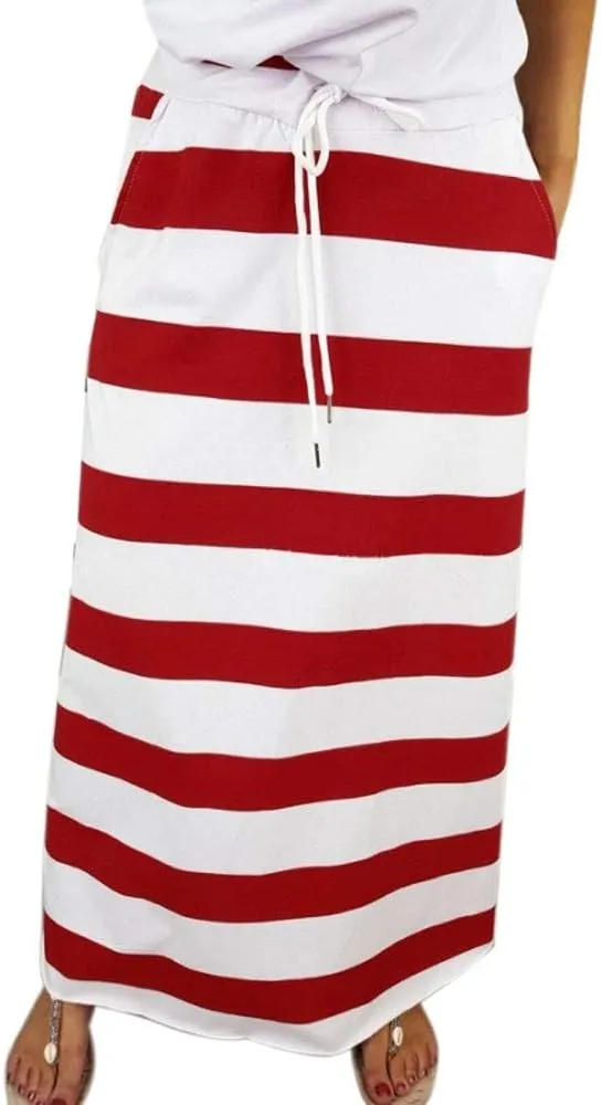 Women's Casual Striped Elastic High Waist Ribbed Knit Drawstring Pencil Long Skirt Holiday Beach Party Maxi Skirt