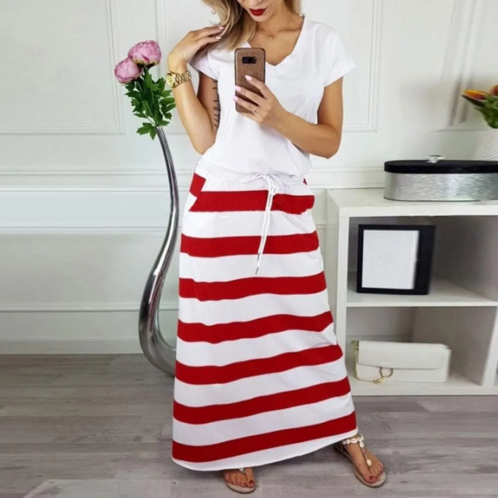 Women's Casual Striped Elastic High Waist Ribbed Knit Drawstring Pencil Long Skirt Holiday Beach Party Maxi Skirt