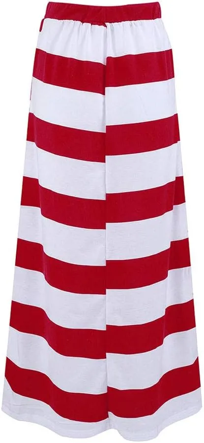 Women's Casual Striped Elastic High Waist Ribbed Knit Drawstring Pencil Long Skirt Holiday Beach Party Maxi Skirt