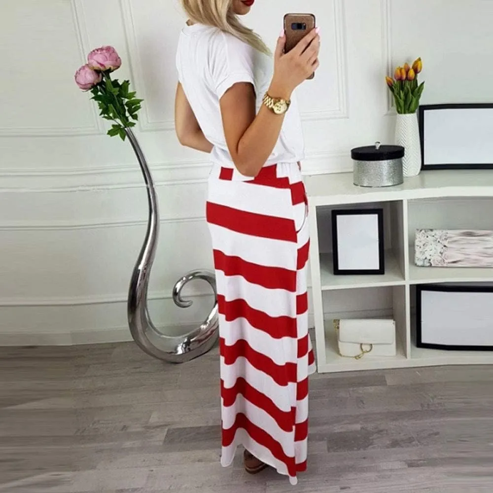 Women's Casual Striped Elastic High Waist Ribbed Knit Drawstring Pencil Long Skirt Holiday Beach Party Maxi Skirt