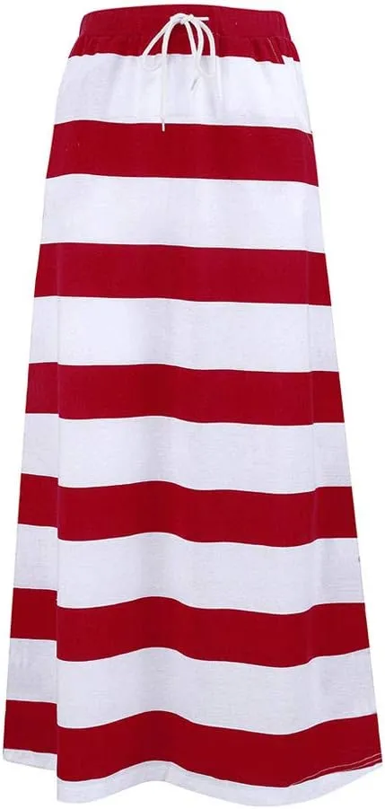 Women's Casual Striped Elastic High Waist Ribbed Knit Drawstring Pencil Long Skirt Holiday Beach Party Maxi Skirt