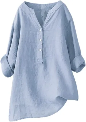 Womens Cotton Linen Shirts Solid 3/4 Sleeve Tunic Tops Oversized Tshirts Casual V Neck Dressy Blouses