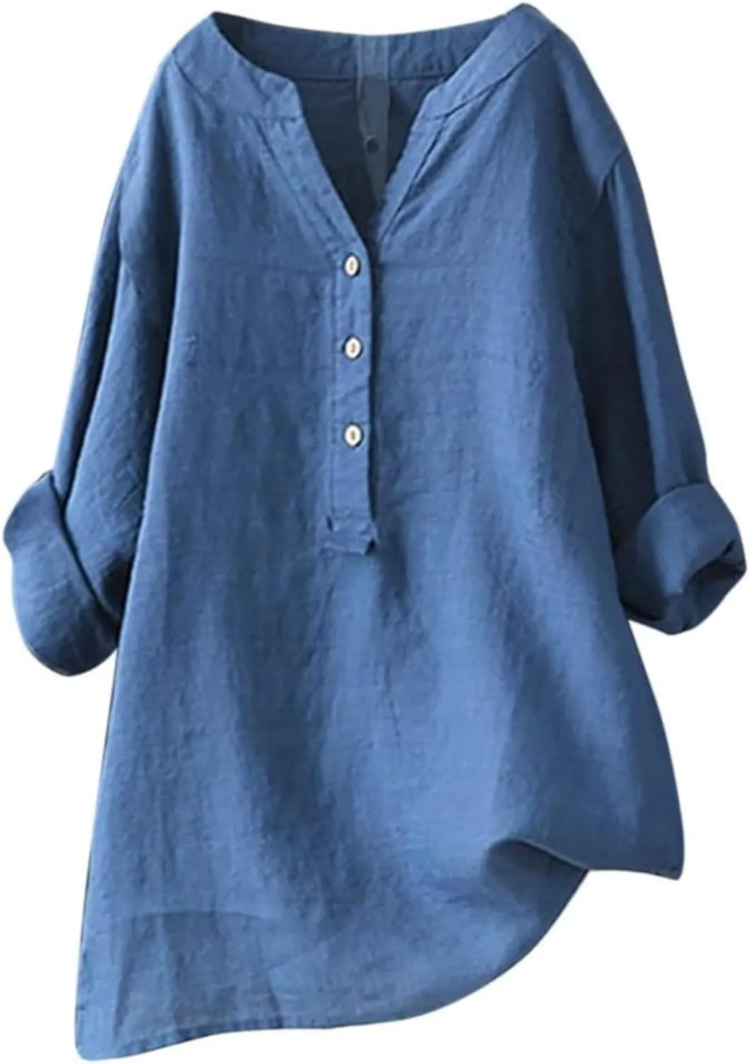 Womens Cotton Linen Shirts Solid 3/4 Sleeve Tunic Tops Oversized Tshirts Casual V Neck Dressy Blouses