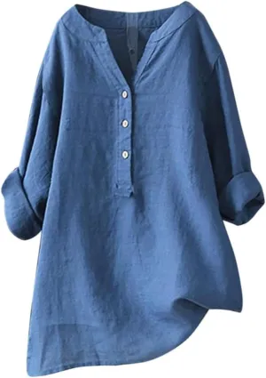 Womens Cotton Linen Shirts Solid 3/4 Sleeve Tunic Tops Oversized Tshirts Casual V Neck Dressy Blouses