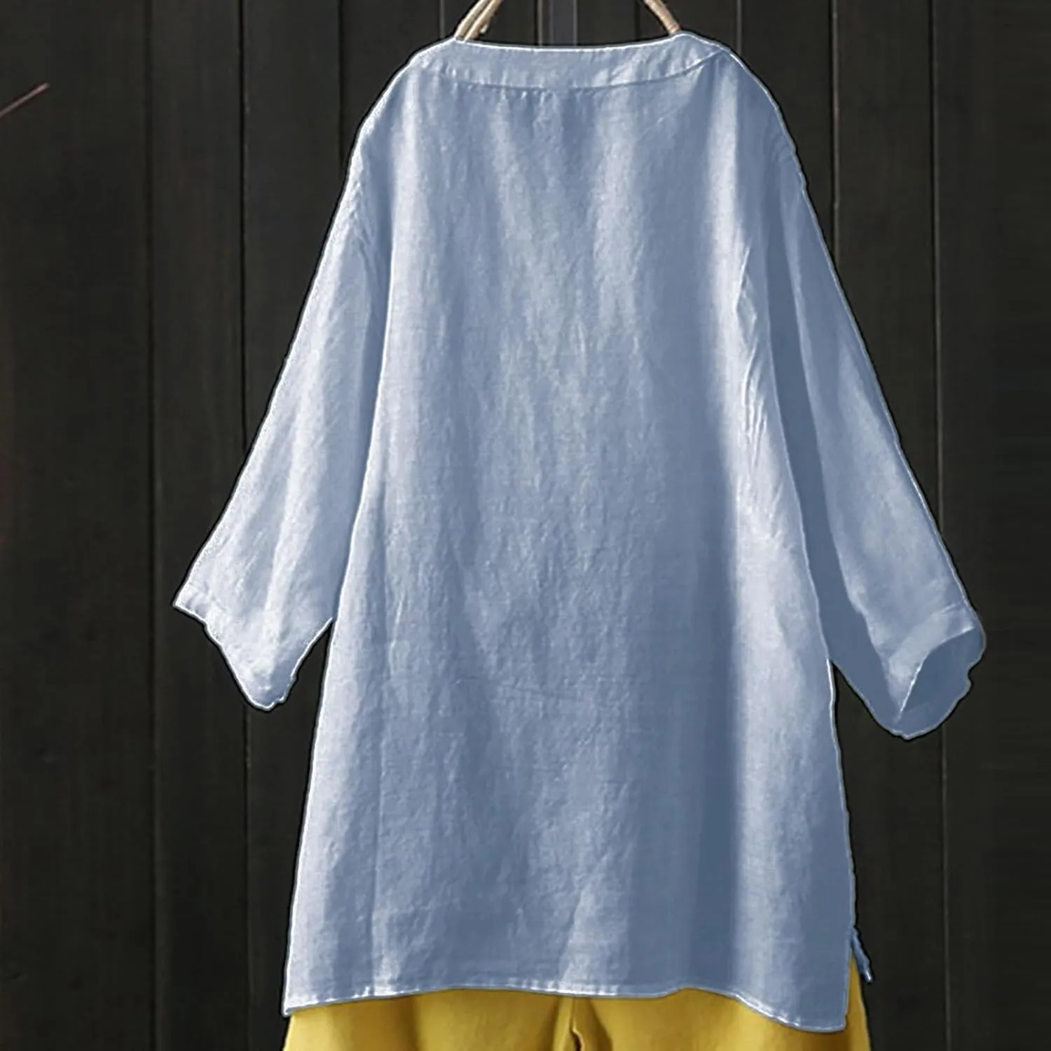 Womens Cotton Linen Shirts Solid 3/4 Sleeve Tunic Tops Oversized Tshirts Casual V Neck Dressy Blouses