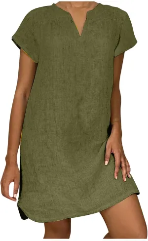 Womens Cotton Linen Sun Dress Short Sleeve V-Neck Beach Dress Solid Color Lightweight Casual Dresses
