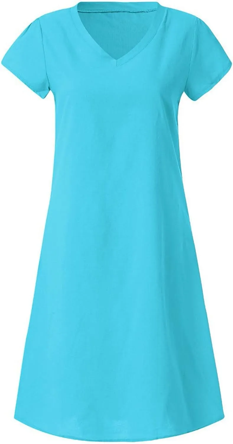 Womens Cotton Linen Sun Dress Short Sleeve V-Neck Beach Dress Solid Color Lightweight Casual Dresses