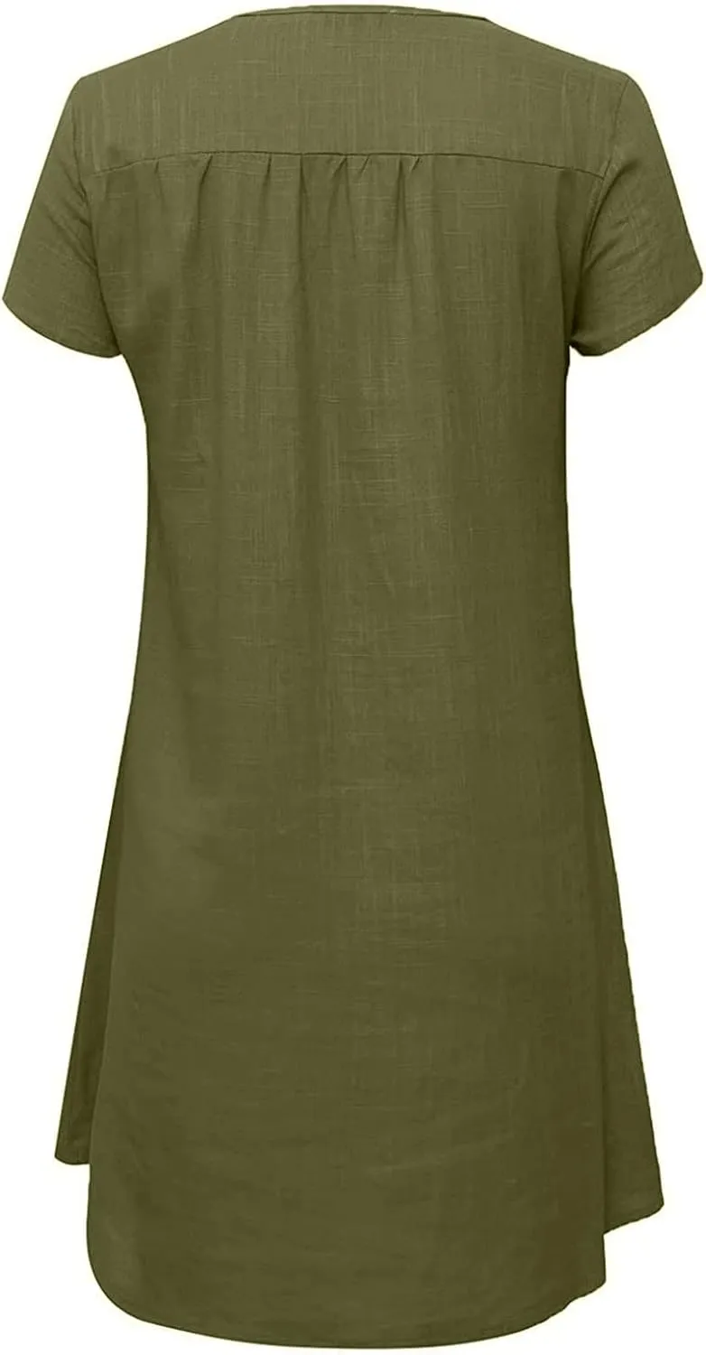 Womens Cotton Linen Sun Dress Short Sleeve V-Neck Beach Dress Solid Color Lightweight Casual Dresses