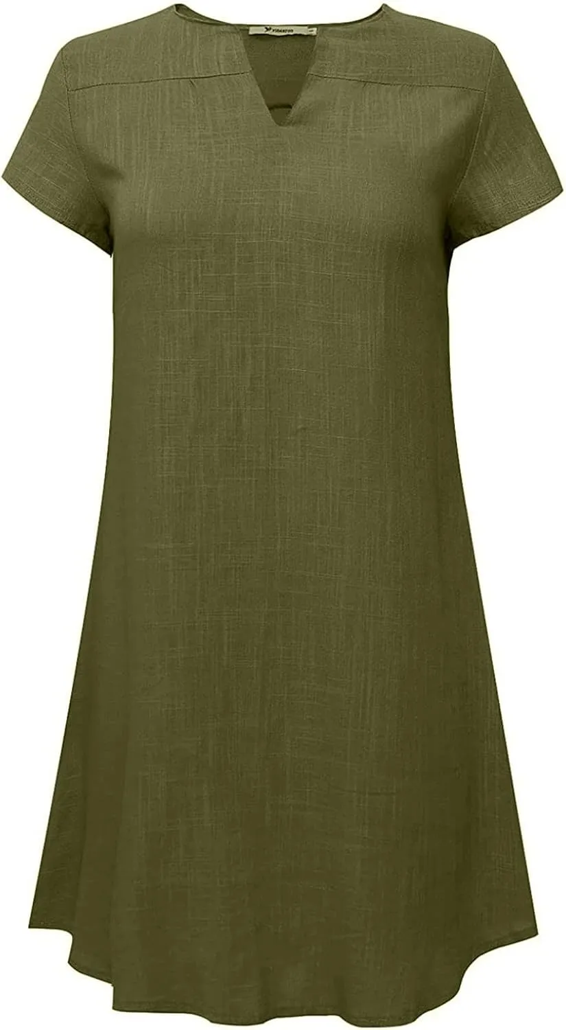Womens Cotton Linen Sun Dress Short Sleeve V-Neck Beach Dress Solid Color Lightweight Casual Dresses