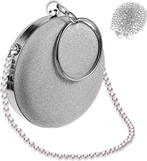 Womens Evening Bag Round Wedding Cocktail Handbag Purse with Detachable Pearls Chains