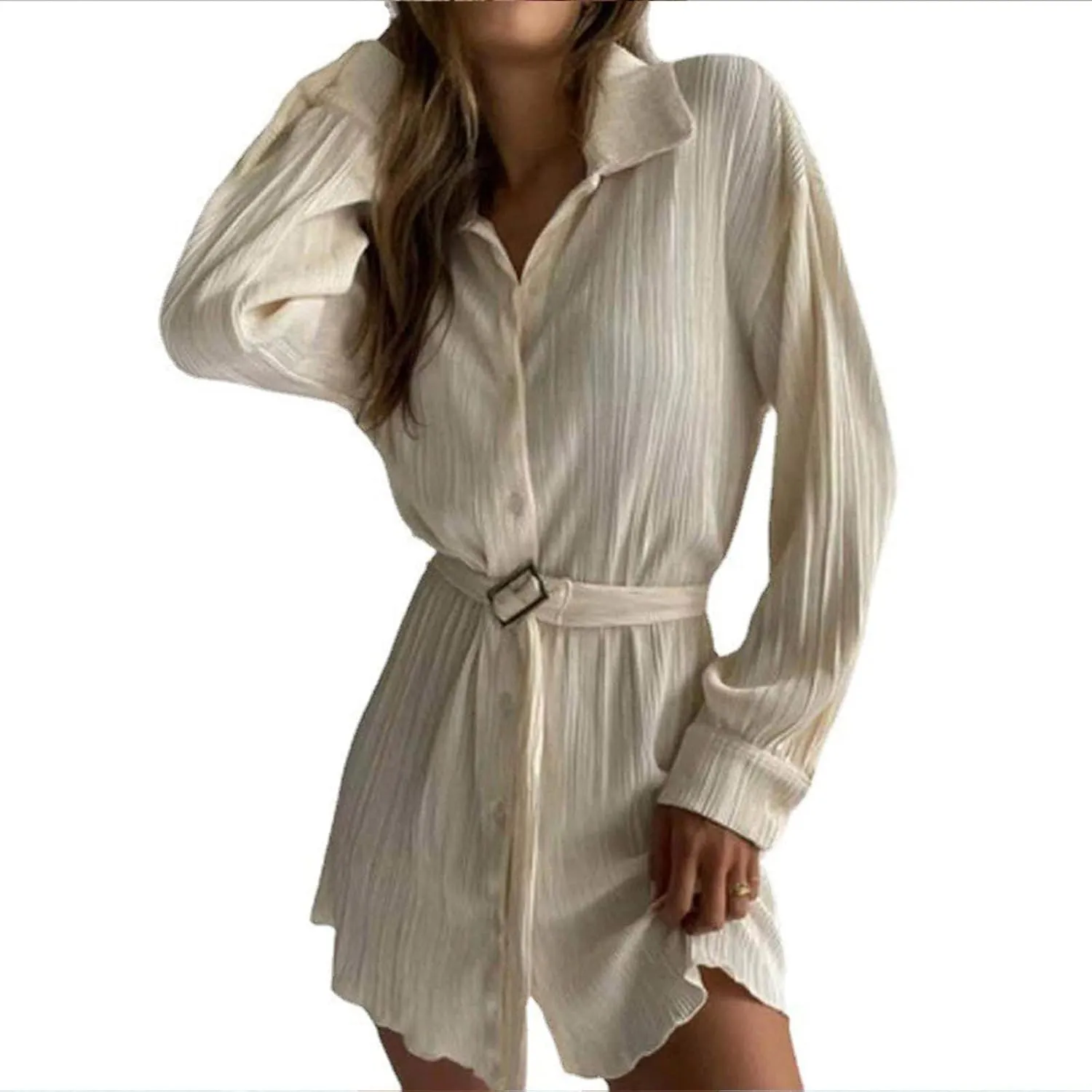 Womens Long Sleeve Dresses Plus Size Button Down Belted mini Dresses Lapel Casual Ruched Shirt Dresses Fall Fashion