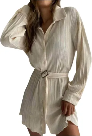 Womens Long Sleeve Dresses Plus Size Button Down Belted mini Dresses Lapel Casual Ruched Shirt Dresses Fall Fashion