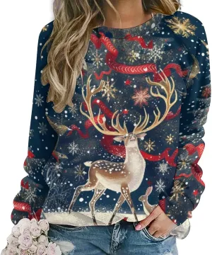 Womens Long Sleeve Tops Christmas Print Sweatshirts Fall Pullover Crewneck Soft Elegant Shirts Boho Tops for Women