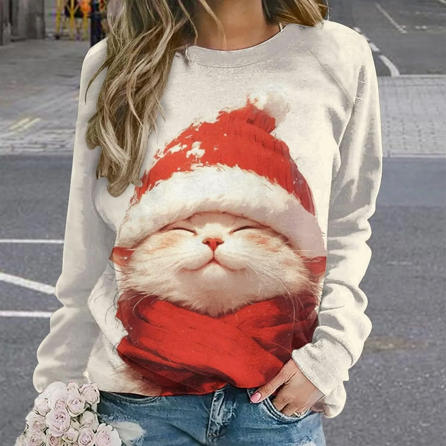 Womens Long Sleeve Tops Christmas Print Sweatshirts Fall Pullover Crewneck Soft Elegant Shirts Boho Tops for Women