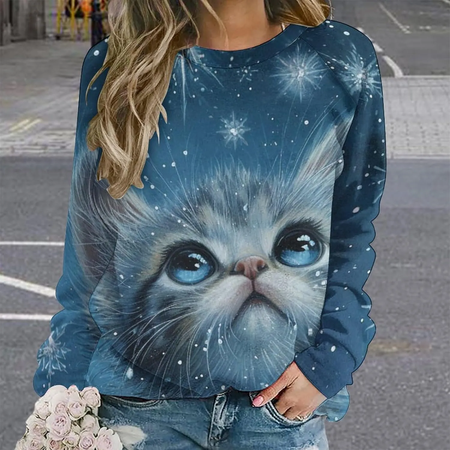 Womens Long Sleeve Tops Christmas Print Sweatshirts Fall Pullover Crewneck Soft Elegant Shirts Boho Tops for Women