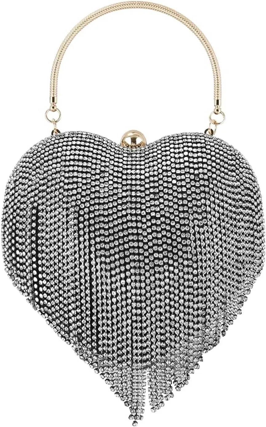 Women's rhinestone evening bag Tassel Rhinestone Heart Shaped Evening Clutch Wedding Party Sling Shoulder Bag