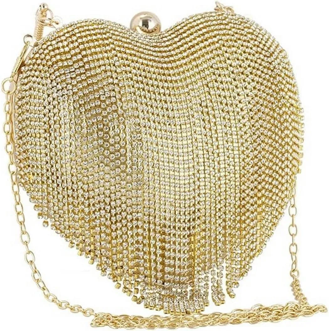 Women's rhinestone evening bag Tassel Rhinestone Heart Shaped Evening Clutch Wedding Party Sling Shoulder Bag