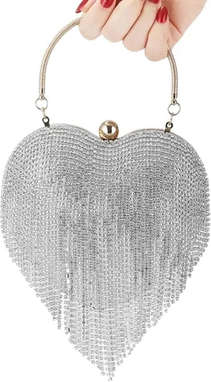 Women's rhinestone evening bag Tassel Rhinestone Heart Shaped Evening Clutch Wedding Party Sling Shoulder Bag