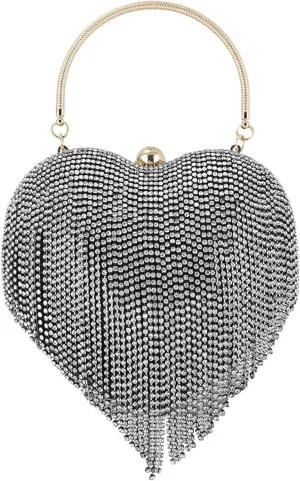 Women's rhinestone evening bag Tassel Rhinestone Heart Shaped Evening Clutch Wedding Party Sling Shoulder Bag