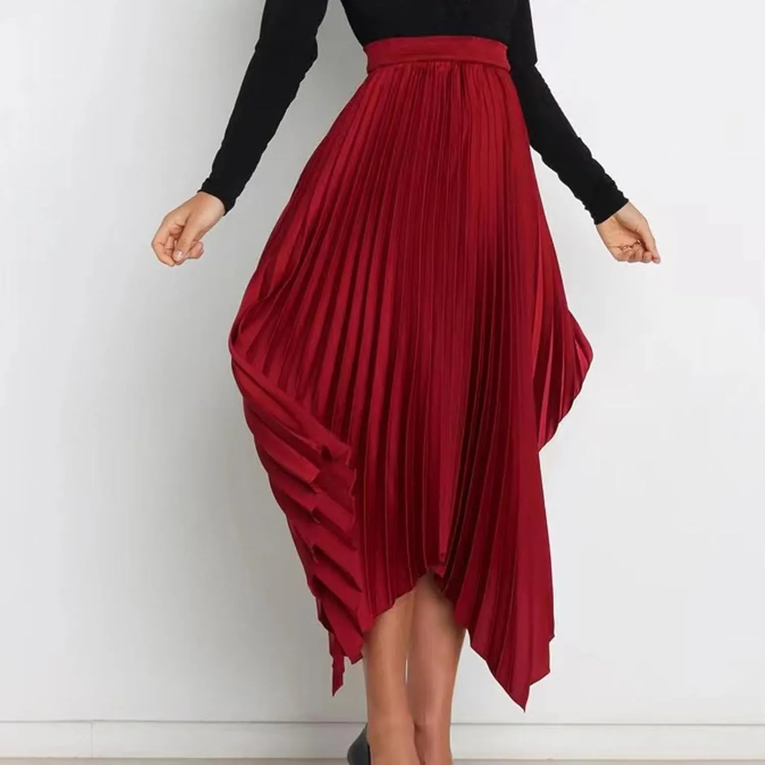 Womens Satin Midi Skirt Elegant Flowy Ruffle High Waist Silk Summer Casual Dressy Irregular Hem High Low Skirts