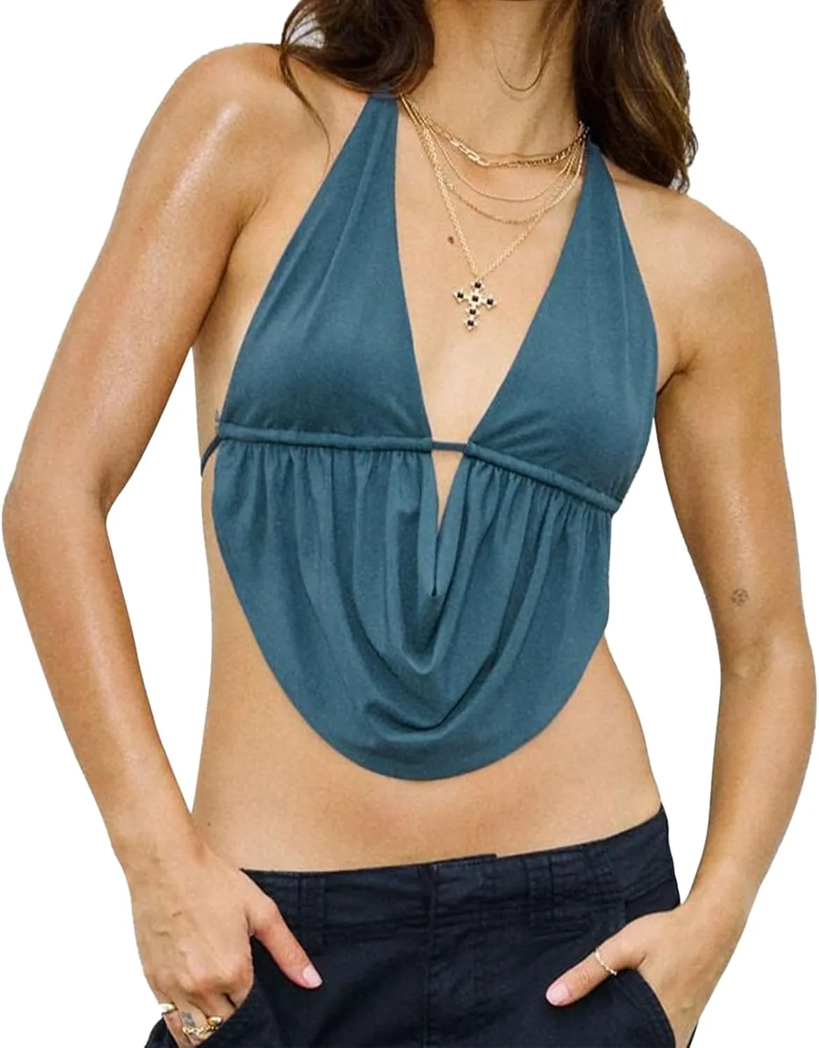 Women's Sexy Halter Going Out Top Open Back Deep V Neck Sleeveless Ruched Tank Tops Y2k Slim Fit Camisole Crop Tops
