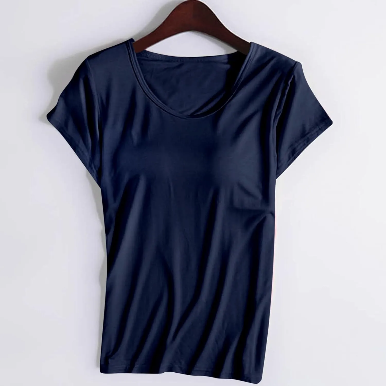 Womens Shirts With Built In Padded Bra Short Sleeves Crewneck Comfy Athletic Shirt Solid Color Shelf Bra Active Tee