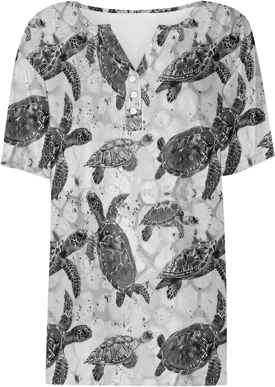 Womens Short Sleeve Tops Summer Fashion Animal Print T Shirt Casual V Neck Button Blouses Sea Turtle Graphic Tees